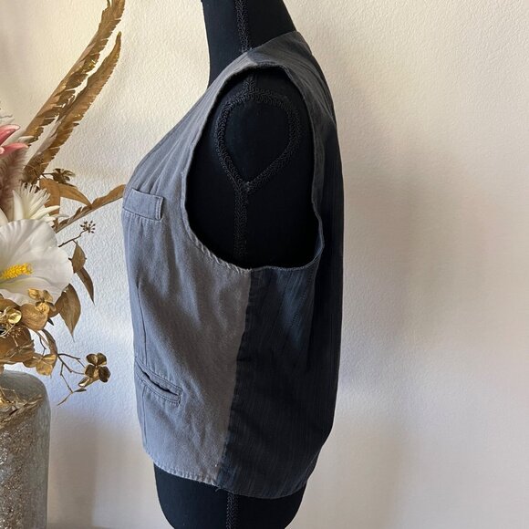 Vintage Gray Whimsygoth Button Up Utility Vest with Striped Black Back Medium - Picture 2 of 9